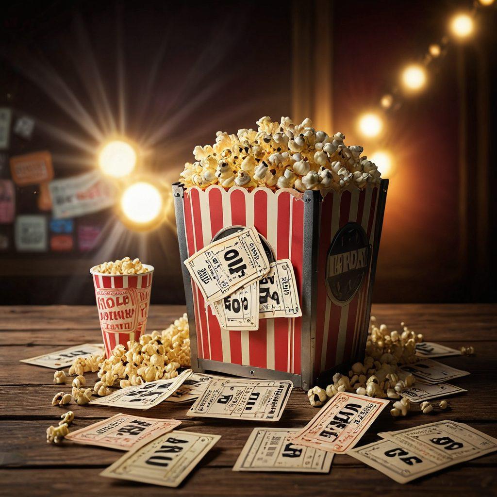 A cinematic collage featuring vintage movie tickets, iconic film reels, and a glowing treasure chest overflowing with classic movies. A bright spotlight shines on a hidden gem movie title. Soft bokeh effects create a magical film-like atmosphere, inviting cinephiles to explore. Include popcorn and a cozy cinema seat in the background. vibrant colors. super-realistic.