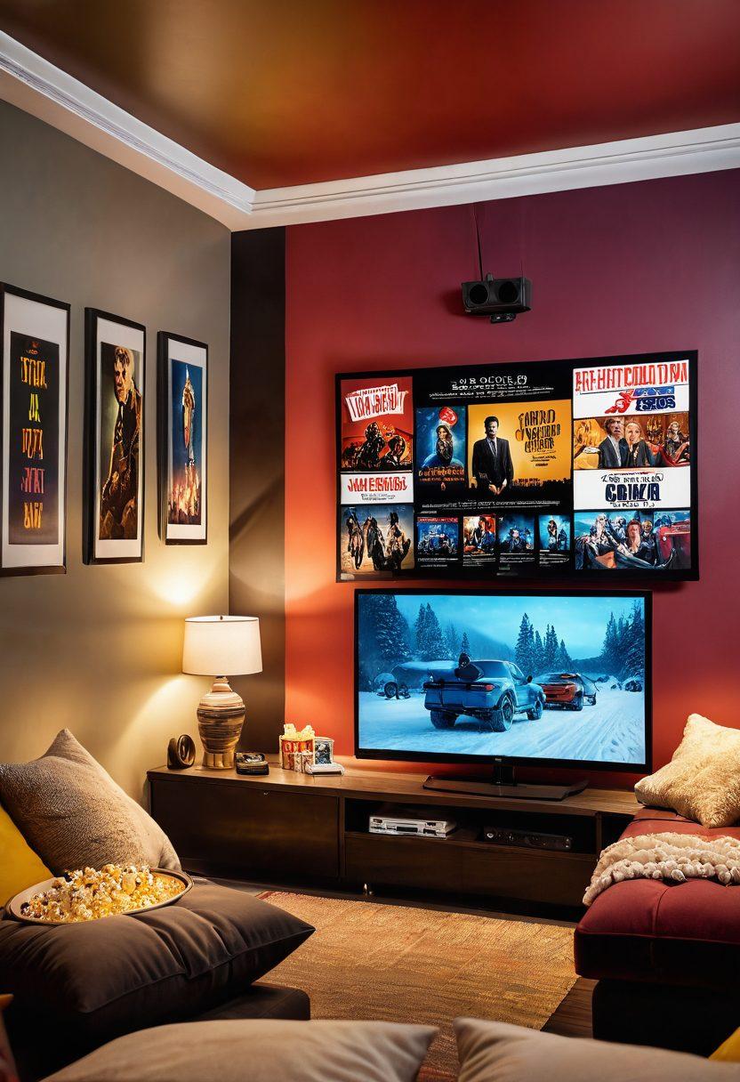 A cozy home theater setup with a large screen displaying a classic film scene, surrounded by plush cushions and popcorn bowls. A person sitting comfortably, wearing headphones, gazing intently at the screen with a joyful expression. Dimmed lights and a colorful assortment of movie posters adorning the walls create an inviting atmosphere. Include scattered film reels and a laptop displaying streaming options on a nearby table. vibrant colors. 3D. relaxed ambiance.
